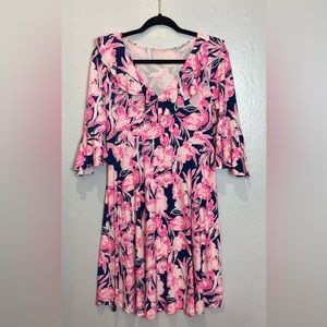 Lilly Pulitzer Stirling Dress Size M Flamingle Bright Pink Navy Flamingo Print